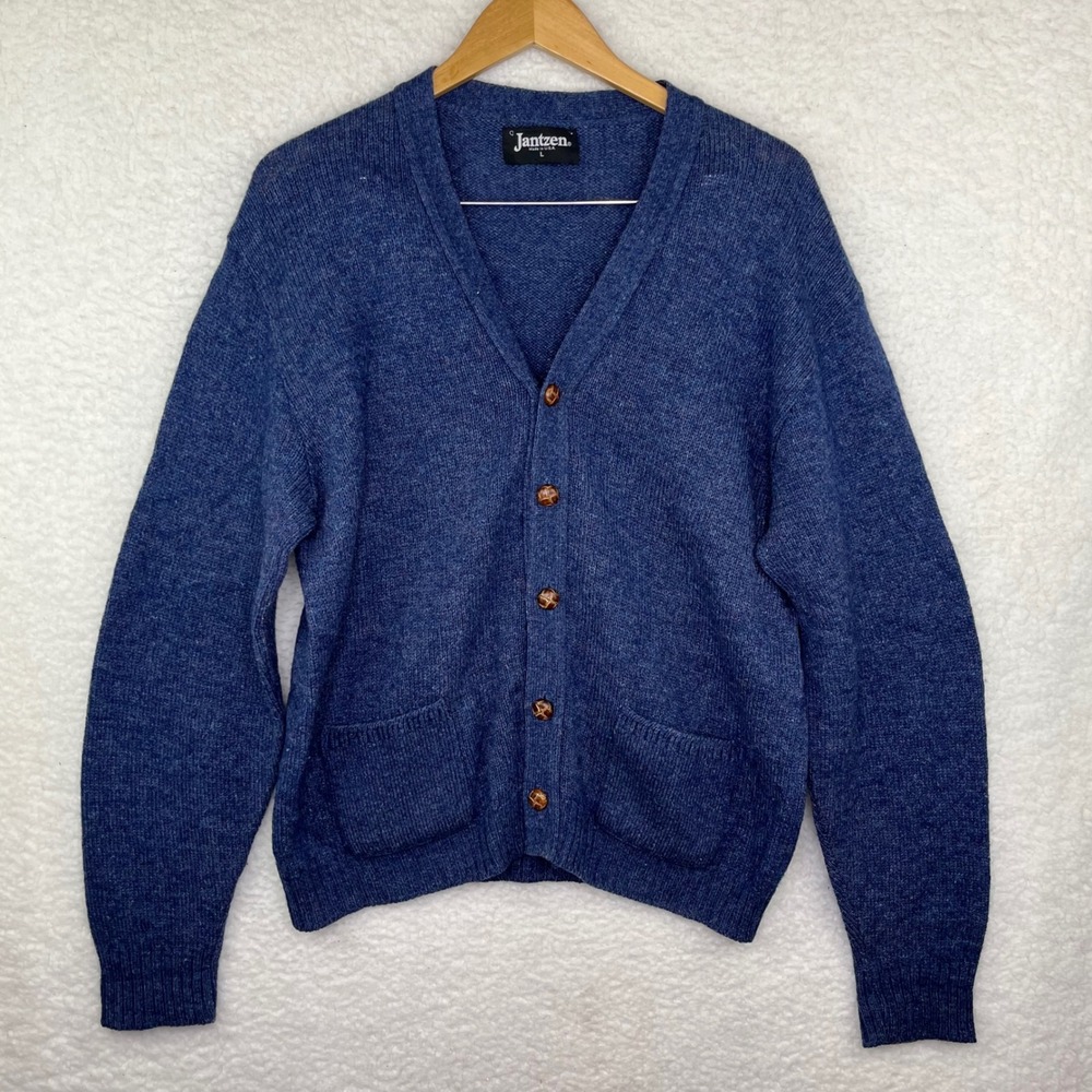 Vintage‎ Jantzen Mens Blue Marled Knit V-Neck Cardigan Sweater Made in USA Large